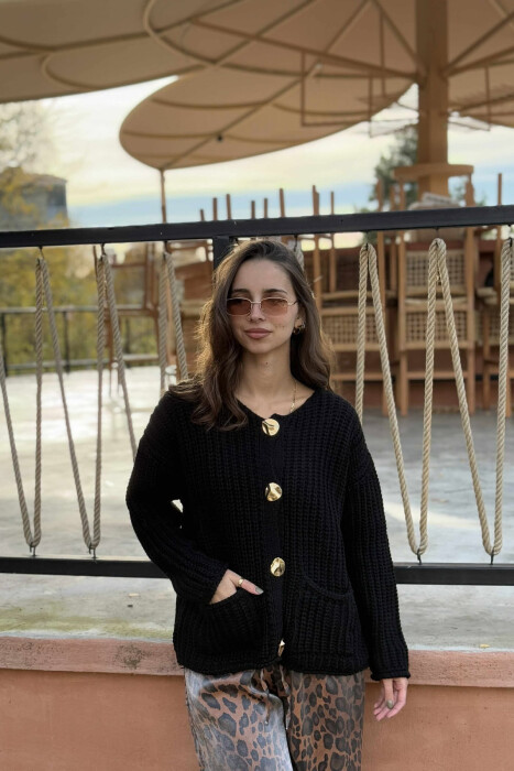 GOLD BUTTONS KNITTED ONE COLOR WOMEN CARDIGAN BLACK/ E ZEZE - 6