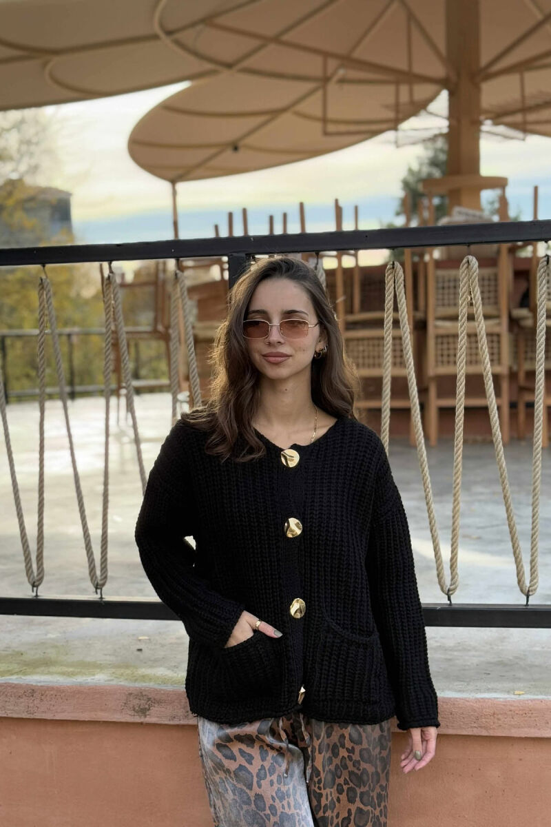 GOLD BUTTONS KNITTED ONE COLOR WOMEN CARDIGAN BLACK/ E ZEZE - 6
