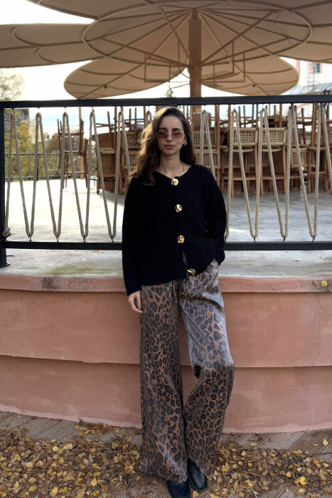 GOLD BUTTONS KNITTED ONE COLOR WOMEN CARDIGAN BLACK/ E ZEZE - 7