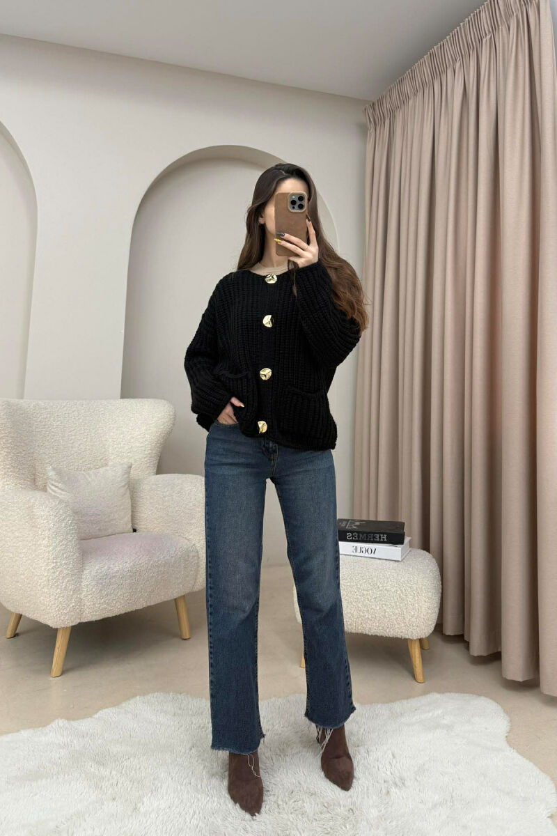 GOLD BUTTONS KNITTED ONE COLOR WOMEN CARDIGAN BLACK/ E ZEZE - 2