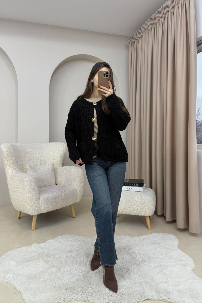 GOLD BUTTONS KNITTED ONE COLOR WOMEN CARDIGAN BLACK/ E ZEZE - 3
