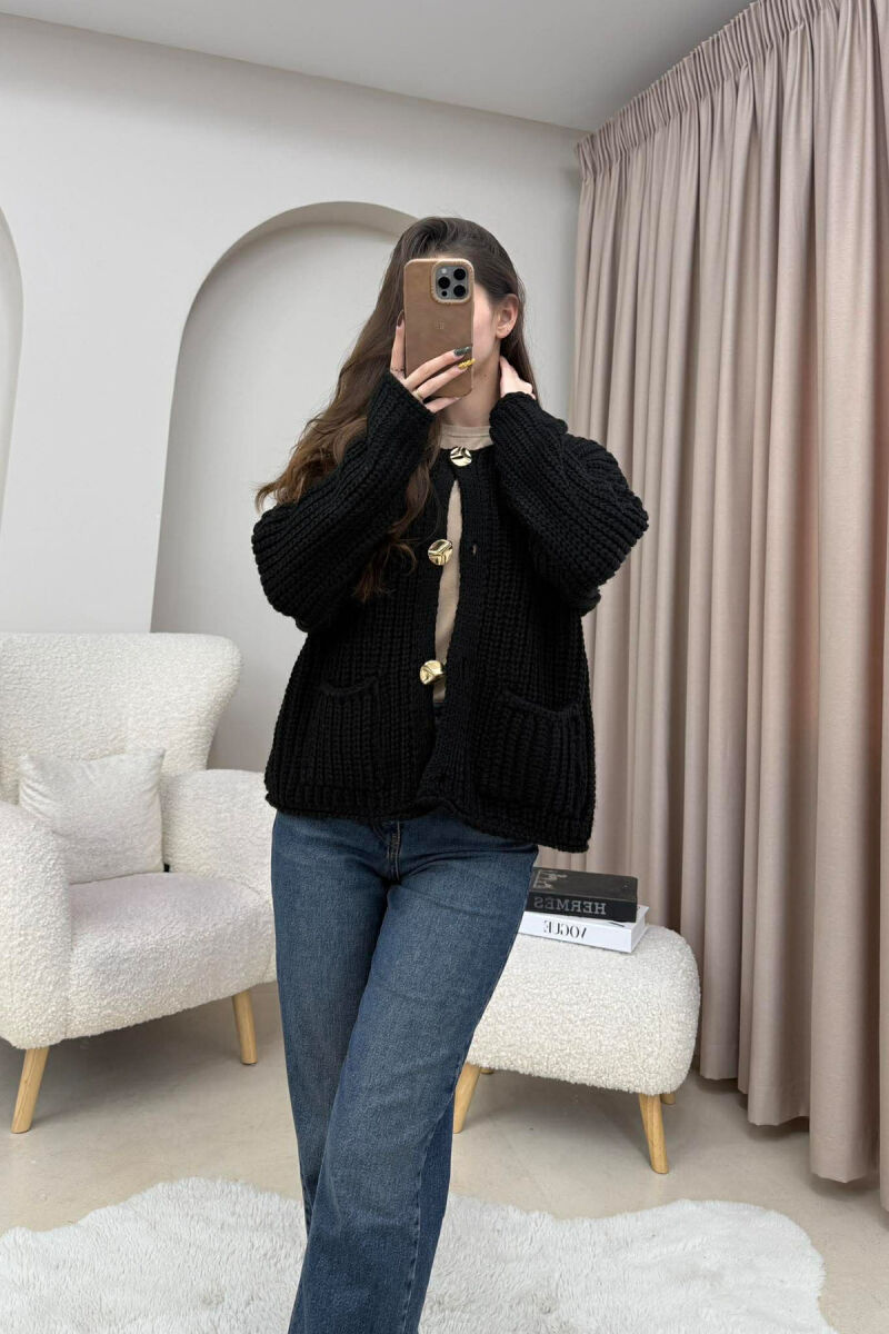 GOLD BUTTONS KNITTED ONE COLOR WOMEN CARDIGAN BLACK/ E ZEZE - 4