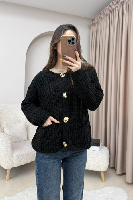 GOLD BUTTONS KNITTED ONE COLOR WOMEN CARDIGAN BLACK/ E ZEZE - 1