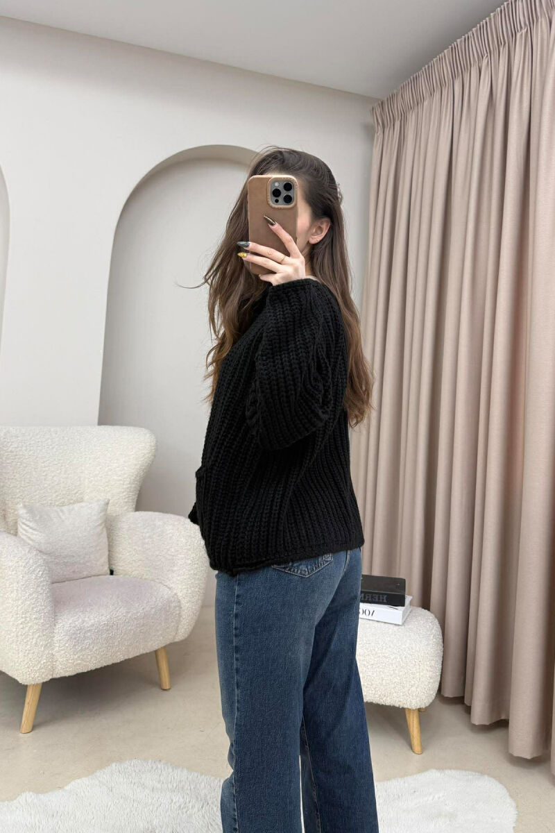 GOLD BUTTONS KNITTED ONE COLOR WOMEN CARDIGAN BLACK/ E ZEZE - 5