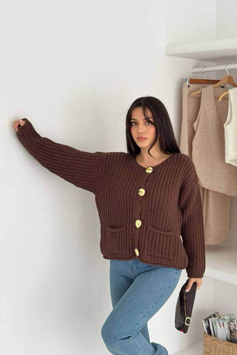 GOLD BUTTONS KNITTED ONE COLOR WOMEN CARDIGAN BROWN/KAFE - 2