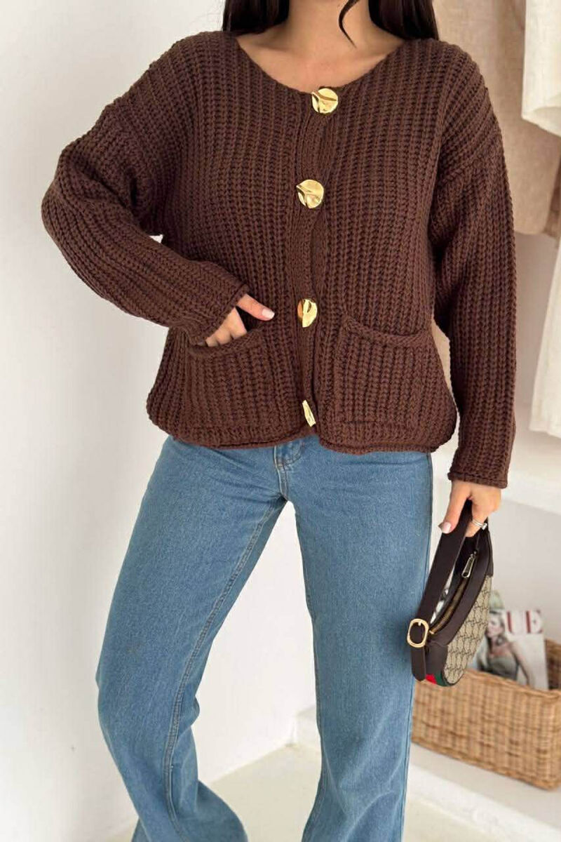 GOLD BUTTONS KNITTED ONE COLOR WOMEN CARDIGAN BROWN/KAFE - 1