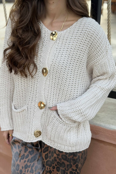 GOLD BUTTONS KNITTED ONE COLOR WOMEN CARDIGAN CREAM/KREM 