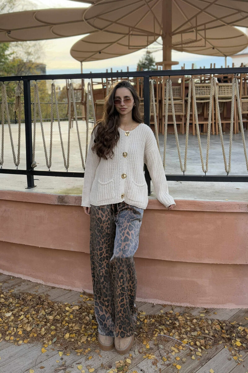 GOLD BUTTONS KNITTED ONE COLOR WOMEN CARDIGAN CREAM/KREM - 3