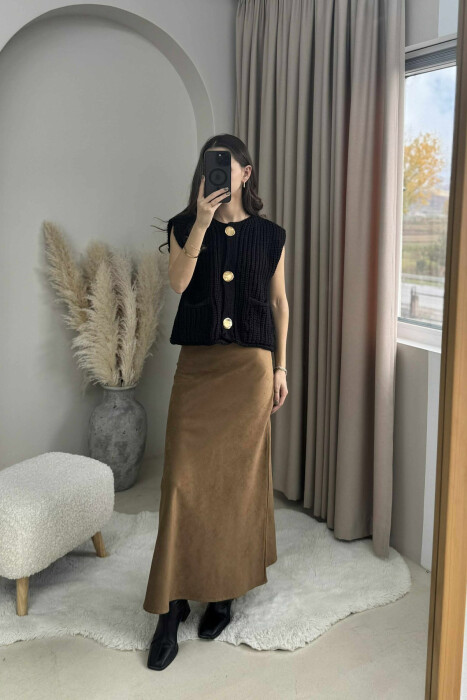 GOLD BUTTONS SIMPLE KNIT WOMEN VEST BLACK/ E ZEZE 