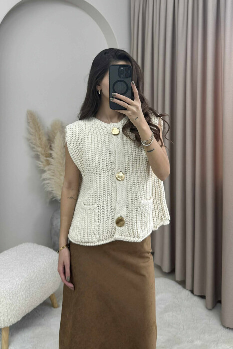 GOLD BUTTONS SIMPLE KNIT WOMEN VEST CREAM/KREM - 4