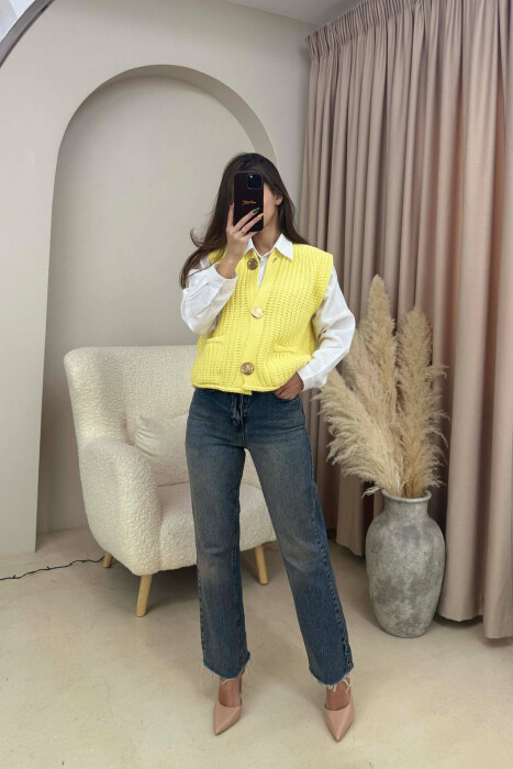 GOLD BUTTONS SIMPLE KNIT WOMEN VEST YELLOW/E VERDHE 