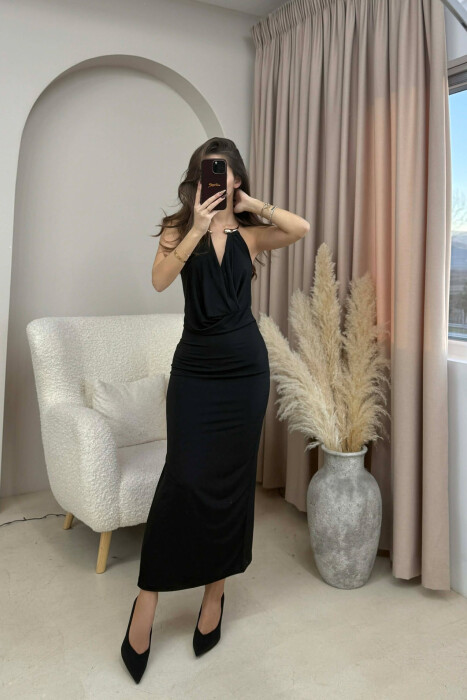 HALTER NECK METAL RING DETAIL LONG WOMEN DRESS BLACK/ E ZEZE 