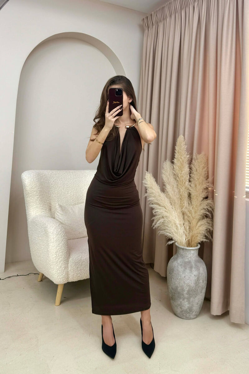 HALTER NECK METAL RING DETAIL LONG WOMEN DRESS BROWN/KAFE - 2