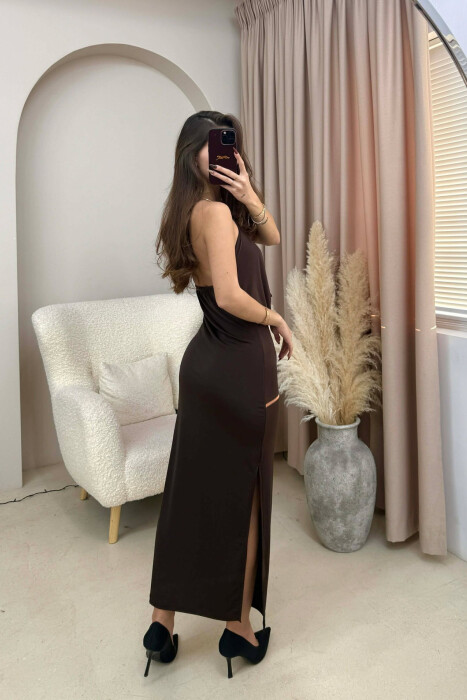 HALTER NECK METAL RING DETAIL LONG WOMEN DRESS BROWN/KAFE - 3