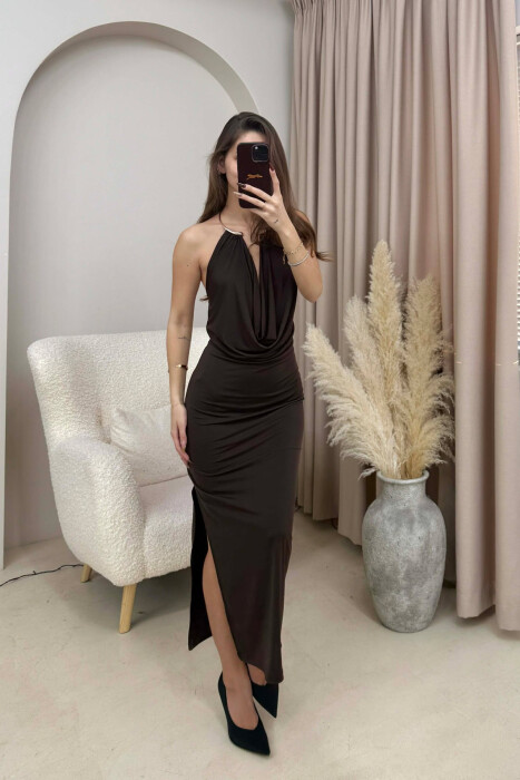 HALTER NECK METAL RING DETAIL LONG WOMEN DRESS BROWN/KAFE - 1