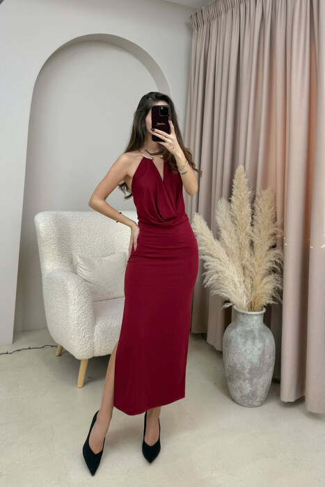 HALTER NECK METAL RING DETAIL LONG WOMEN DRESS BURGUNDY/VISHNJE - 1