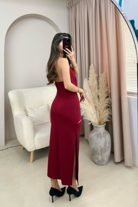 HALTER NECK METAL RING DETAIL LONG WOMEN DRESS BURGUNDY/VISHNJE - 4