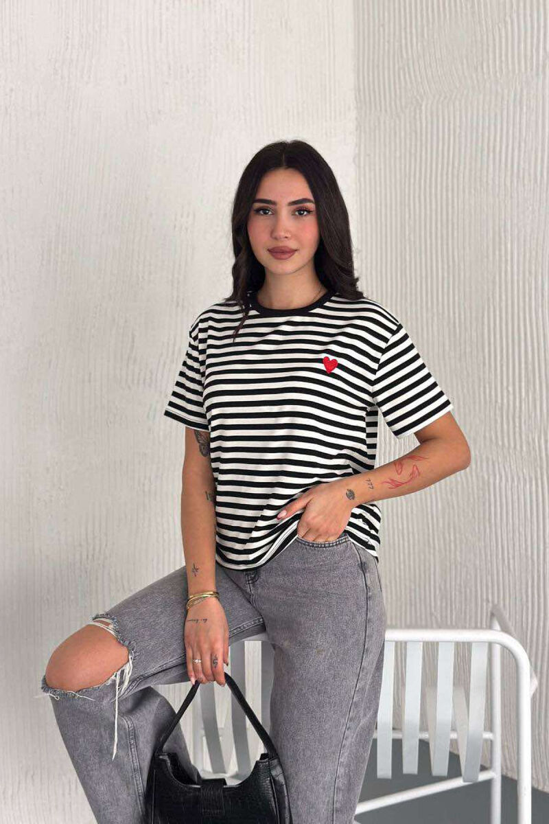 HEART LOGO ROUND NECK STRIPED WOMEN T-SHIRT BLACK-WHITE/ZEBA - 2