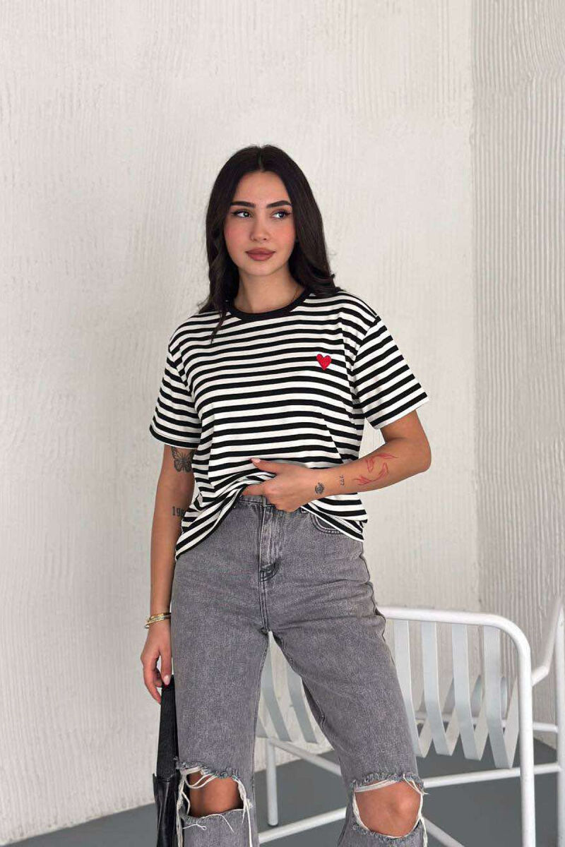 HEART LOGO ROUND NECK STRIPED WOMEN T-SHIRT BLACK-WHITE/ZEBA - 3