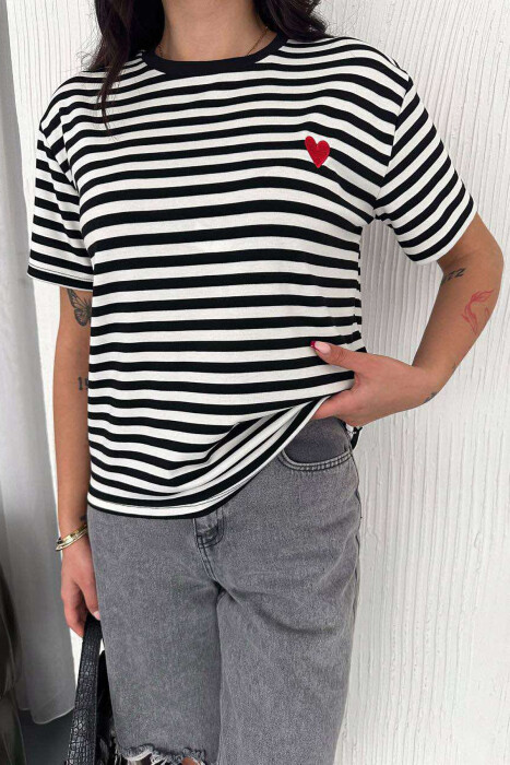 HEART LOGO ROUND NECK STRIPED WOMEN T-SHIRT BLACK-WHITE/ZEBA - 1