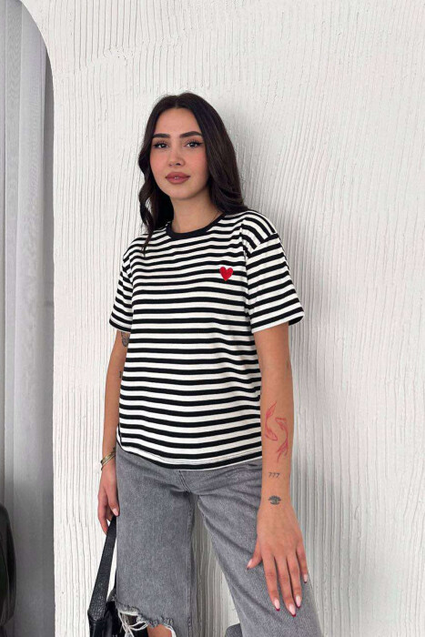 HEART LOGO ROUND NECK STRIPED WOMEN T-SHIRT BLACK-WHITE/ZEBA - 4