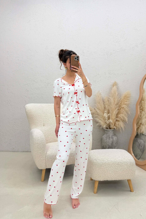 HEARTS DESIGN BOW DETAILS WOMEN PYJAMAS WHITE-E BARDHE - 2