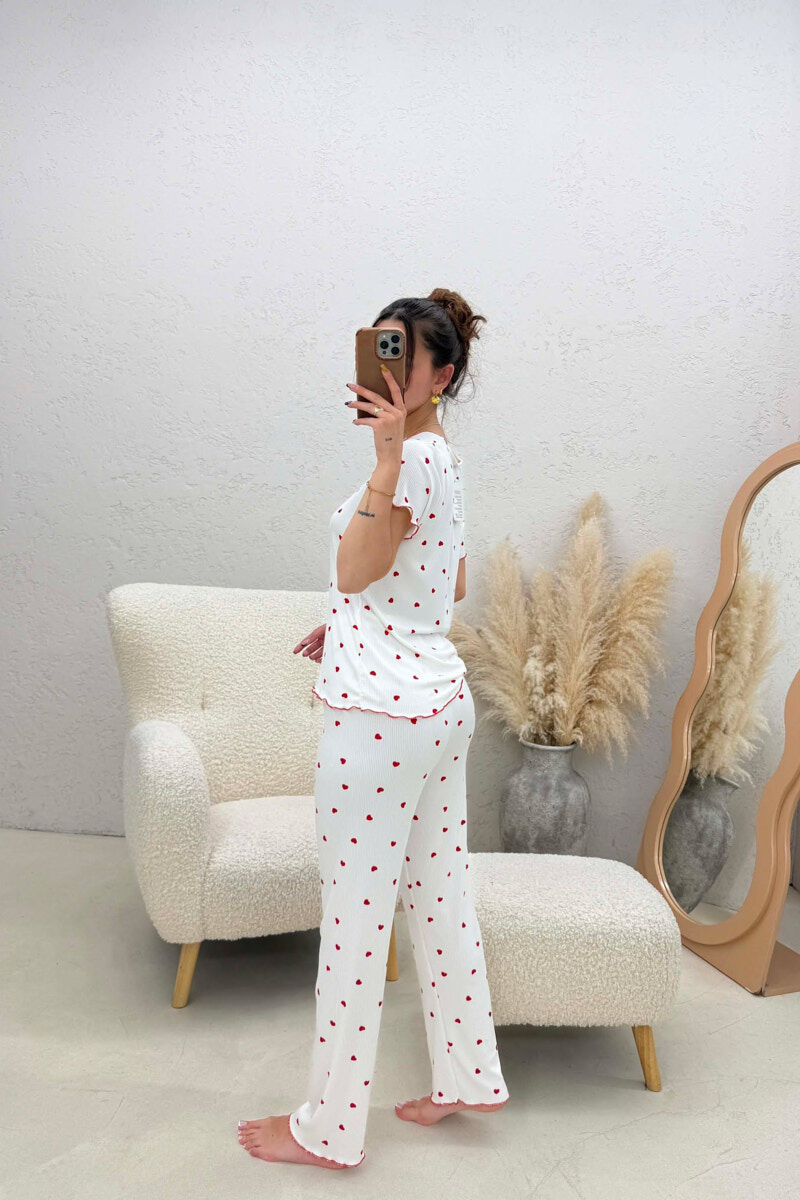 HEARTS DESIGN BOW DETAILS WOMEN PYJAMAS WHITE-E BARDHE - 4