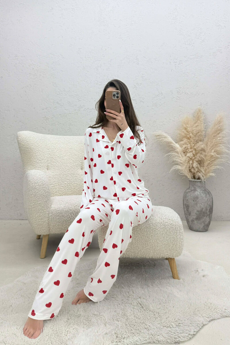 HEARTS DESIGN LONG SLEEVE SHIRT+TROUSERS WOMEN PYJAMAS WHITE-E BARDHE - 1