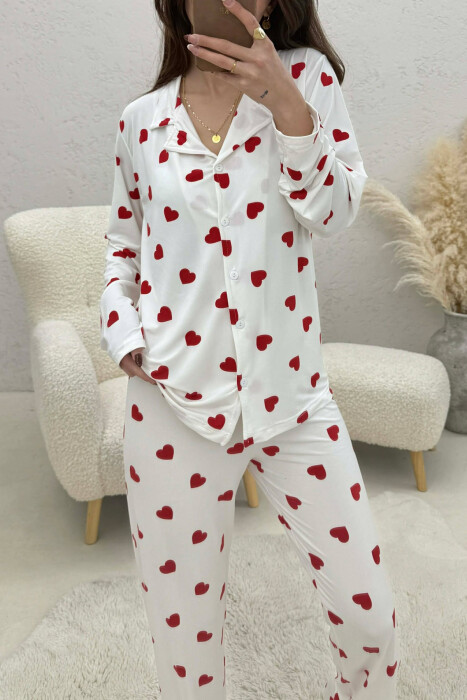 HEARTS DESIGN LONG SLEEVE SHIRT+TROUSERS WOMEN PYJAMAS WHITE-E BARDHE - 2