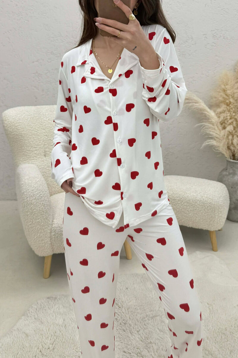 HEARTS DESIGN LONG SLEEVE SHIRT+TROUSERS WOMEN PYJAMAS WHITE-E BARDHE - 2