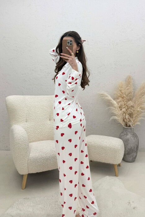 HEARTS DESIGN LONG SLEEVE SHIRT+TROUSERS WOMEN PYJAMAS WHITE-E BARDHE - 3