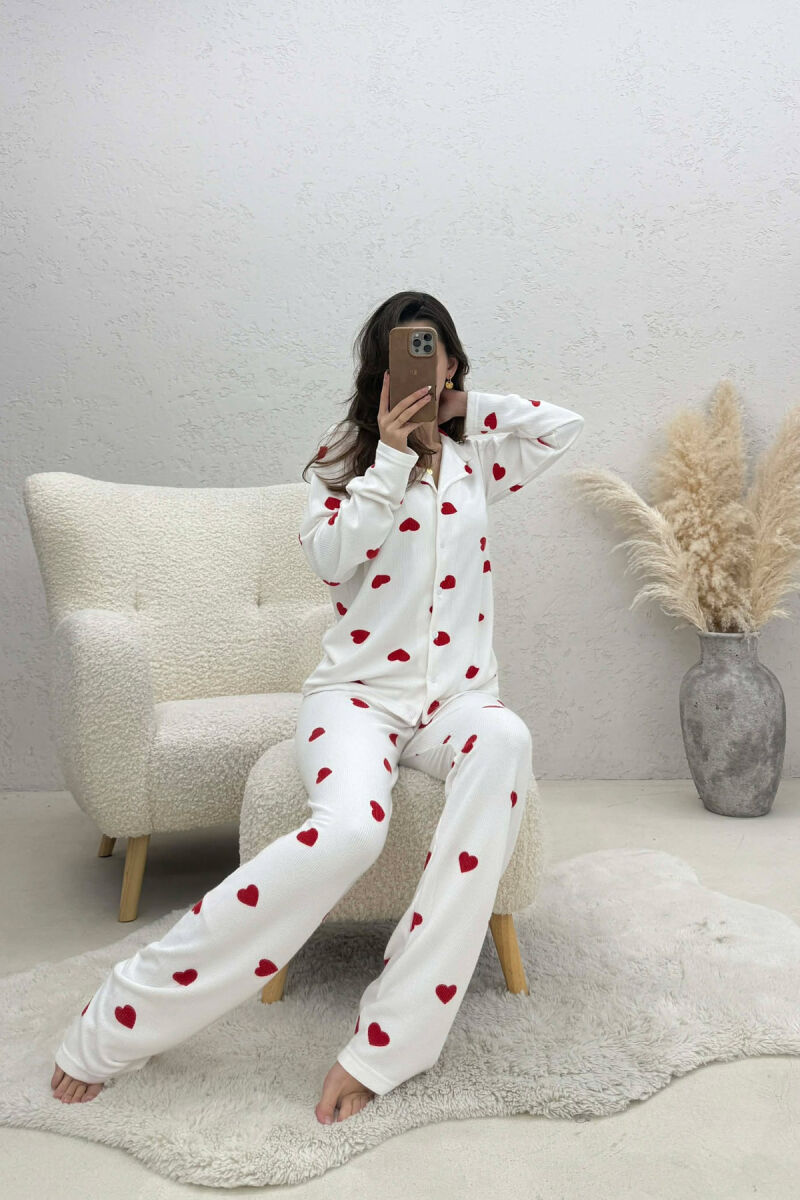 HEARTS DESIGN SHIRT+ TROUSERS WOMEN PYJAMAS WHITE-E BARDHE - 4