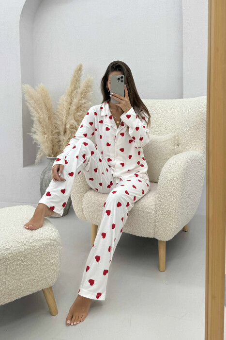 HEARTS DESIGN SHIRT+TROUSERS WOMEN PYJAMAS WHITE-E BARDHE 