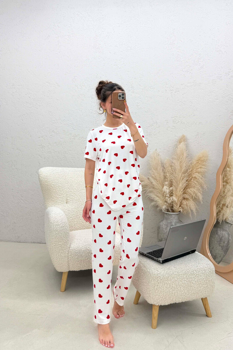 HEARTS DESIGN T-SHIRT+ TROUSERS WOMEN PYJAMAS WHITE-E BARDHE - 2
