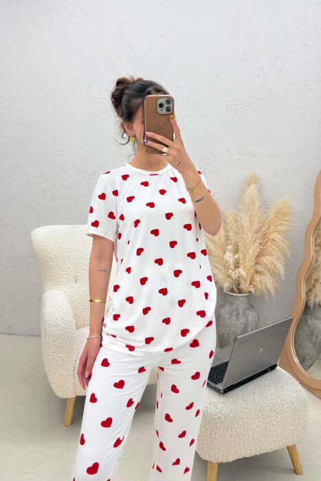 HEARTS DESIGN T-SHIRT+ TROUSERS WOMEN PYJAMAS WHITE-E BARDHE - 3