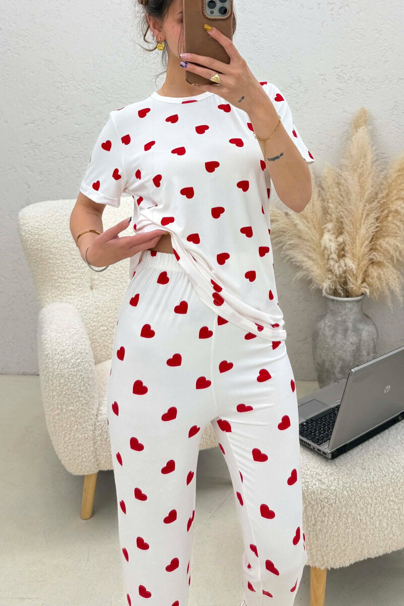 HEARTS DESIGN T-SHIRT+ TROUSERS WOMEN PYJAMAS WHITE-E BARDHE - 4