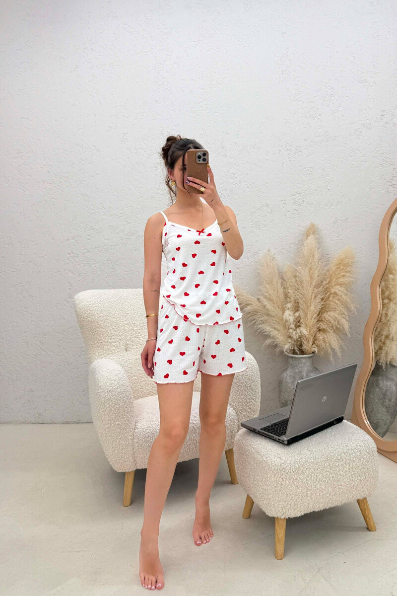 HEARTS DESIGN TANK TOP + SHORTS WOMEN PYJAMAS WHITE-E BARDHE - 1