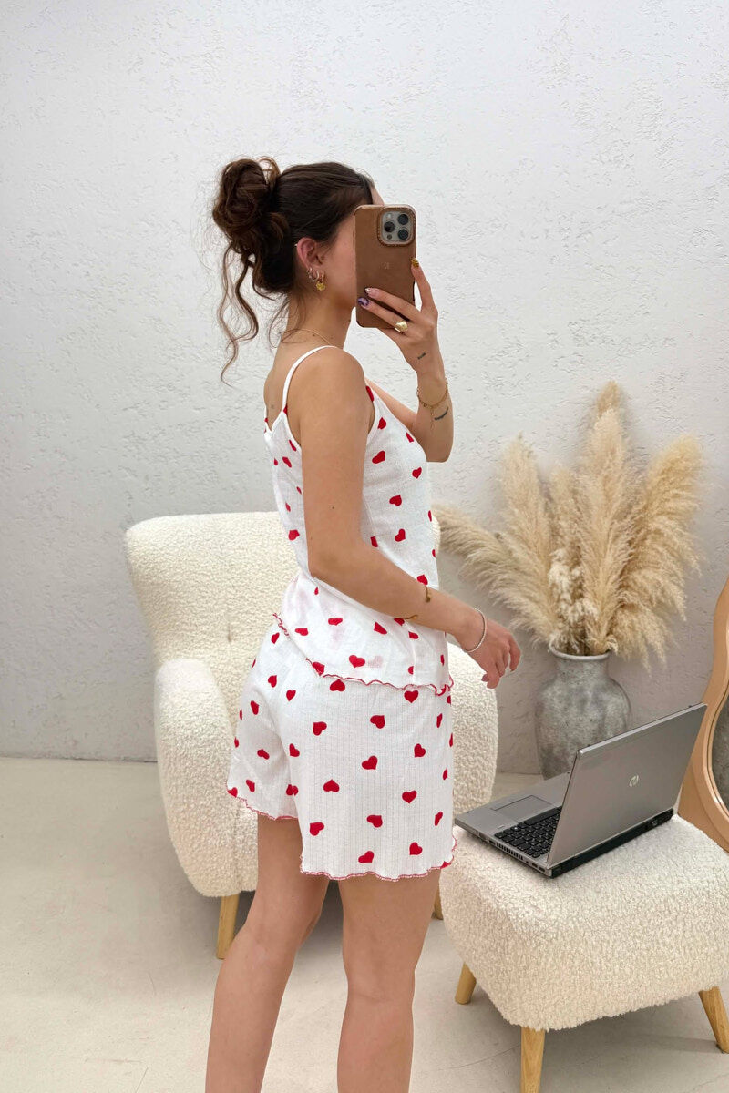 HEARTS DESIGN TANK TOP + SHORTS WOMEN PYJAMAS WHITE-E BARDHE - 4