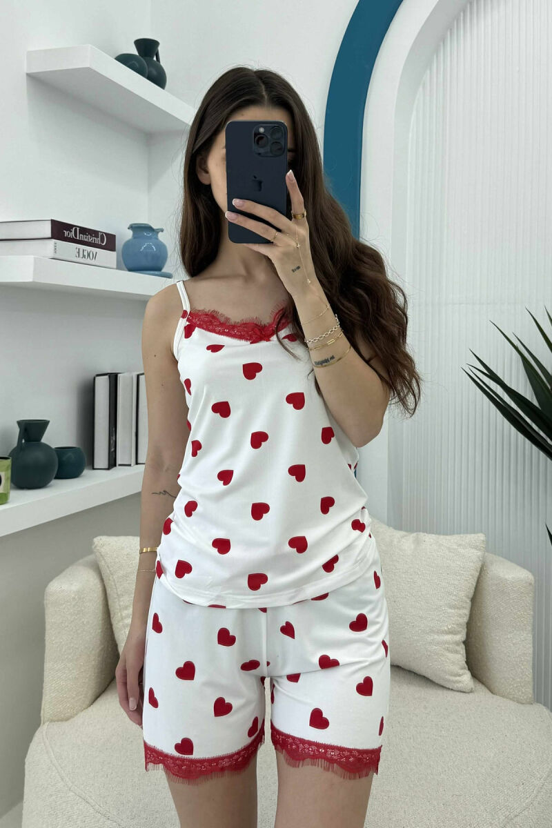 HEARTS DESIGN TANK TOP+SHORTS WOMEN PYJAMAS WHITE-E BARDHE - 1