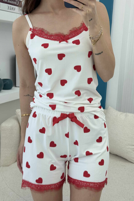 HEARTS DESIGN TANK TOP+SHORTS WOMEN PYJAMAS WHITE-E BARDHE - 3