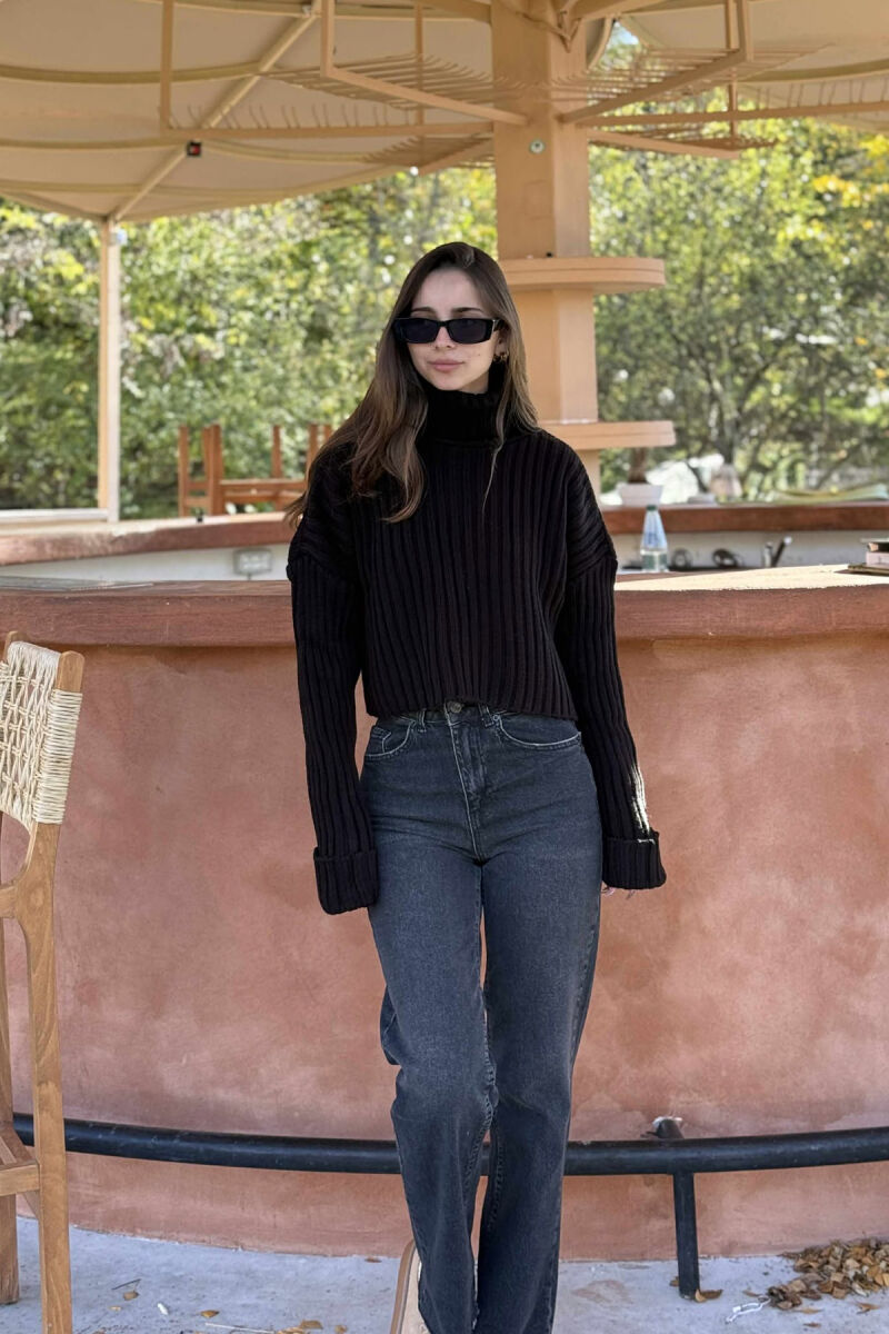 HIGH NECK CROPPED KNITTED WOMEN SWEATER BLACK/ E ZEZE - 1