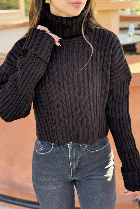 HIGH NECK CROPPED KNITTED WOMEN SWEATER BLACK/ E ZEZE - 3