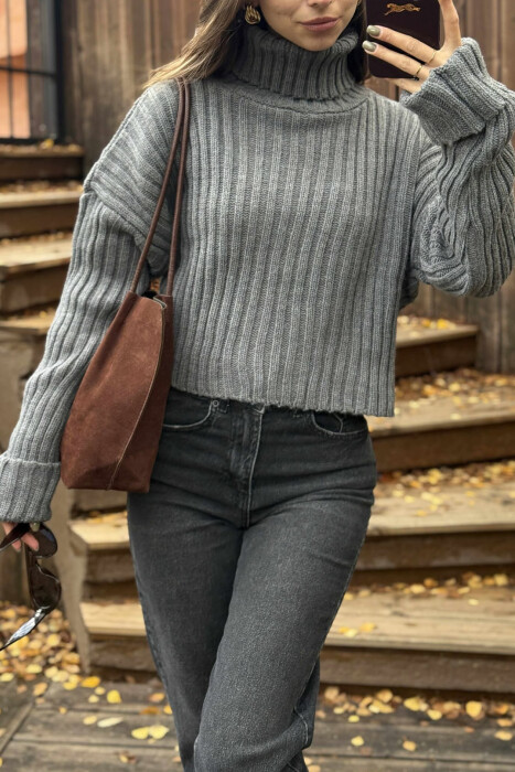 HIGH NECK CROPPED KNITTED WOMEN SWEATER GREY/GRI - 2