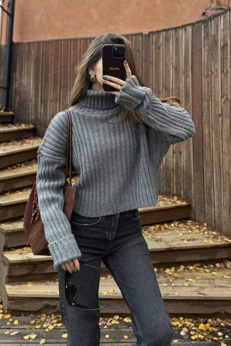 HIGH NECK CROPPED KNITTED WOMEN SWEATER GREY/GRI - 3