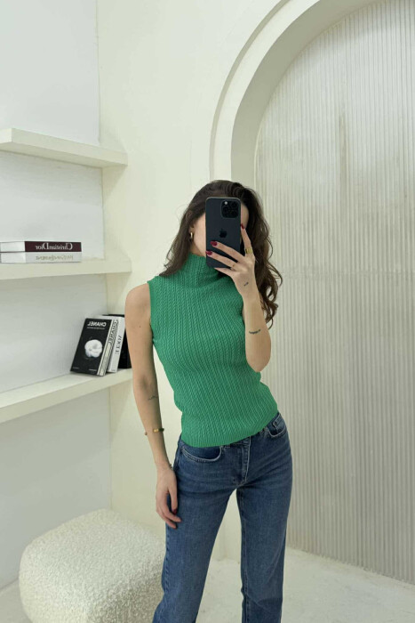 HIGH NECK ONE COLOR KNITTED WOMEN TANK TOP GREEN/JESHILE 