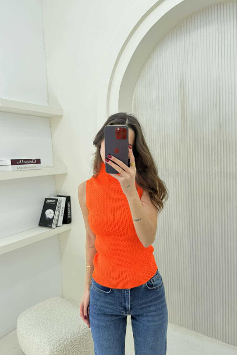 HIGH NECK ONE COLOR KNITTED WOMEN TANK TOP ORANGE/PORTOKALLI - KLAUDIO FASHION