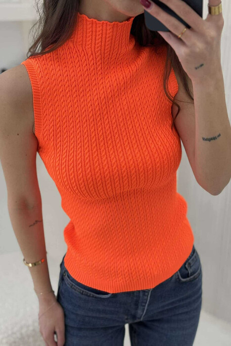 HIGH NECK ONE COLOR KNITTED WOMEN TANK TOP ORANGE/PORTOKALLI - 2