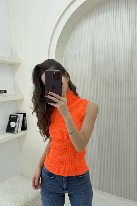 HIGH NECK ONE COLOR KNITTED WOMEN TANK TOP ORANGE/PORTOKALLI - 3