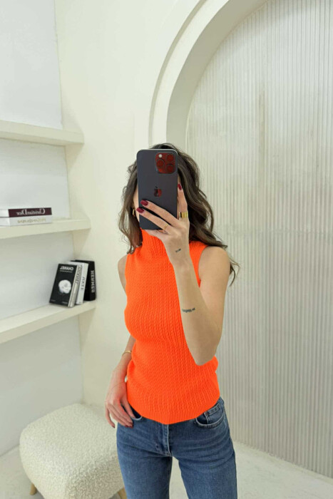 HIGH NECK ONE COLOR KNITTED WOMEN TANK TOP ORANGE/PORTOKALLI - 4