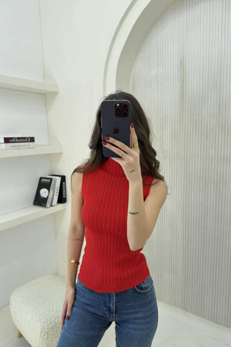 HIGH NECK ONE COLOR KNITTED WOMEN TANK TOP RED/E KUQE 